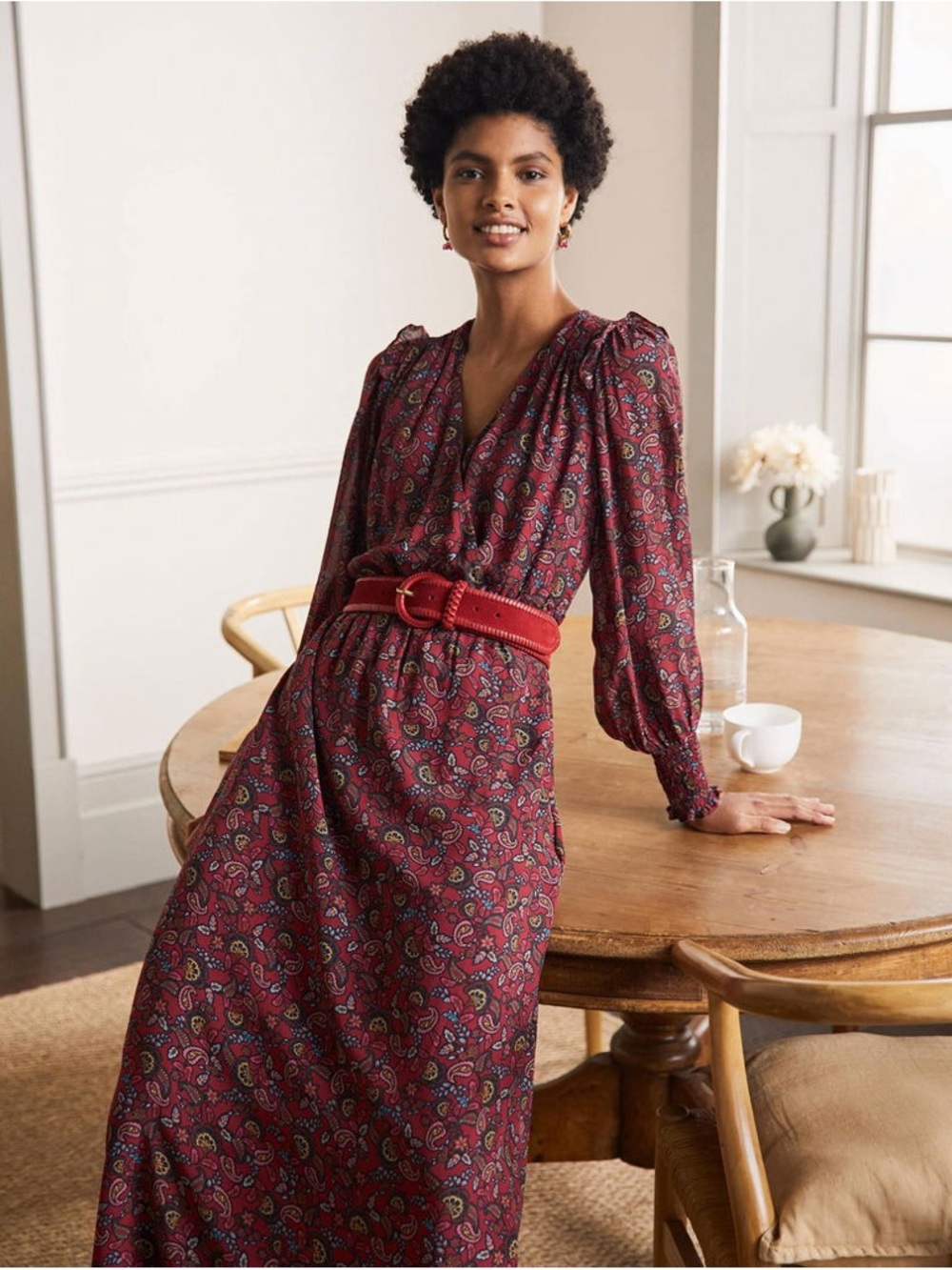 Boden Becky Midi Wrap Dress Red Floral Boho Long Sleeve UK14 US10